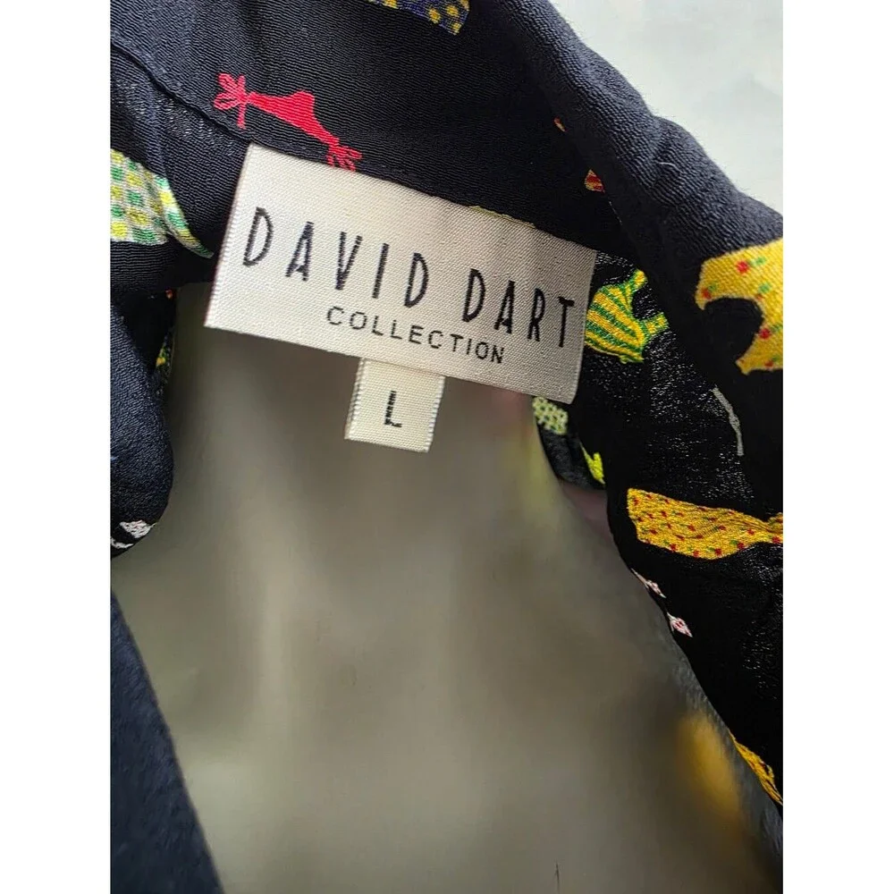 Vtg 90s David Dart Black Button Up Novelty Print Multicolor Dress Sz L Collar